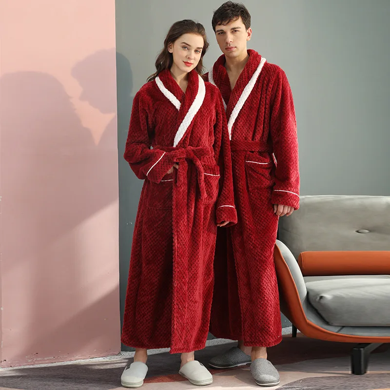 Large Size Couple Flannel Robe Burgundy Home Wear Long Bathrobe Gown Winter Thickened Coral Fleece Sleepwear Wedding Party Gift