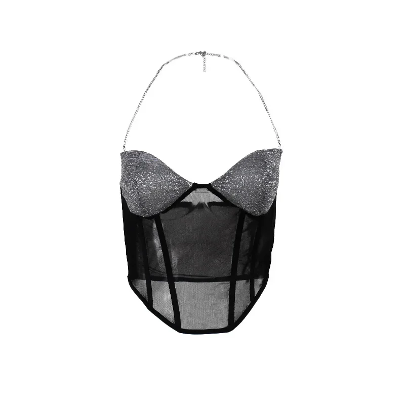 2024 Summer New Spicy Girl Style Sexy Slim Fit Sparkling Chest Cup Mesh Panel Hanging Neck Tank Top for Women clothes  CSM66