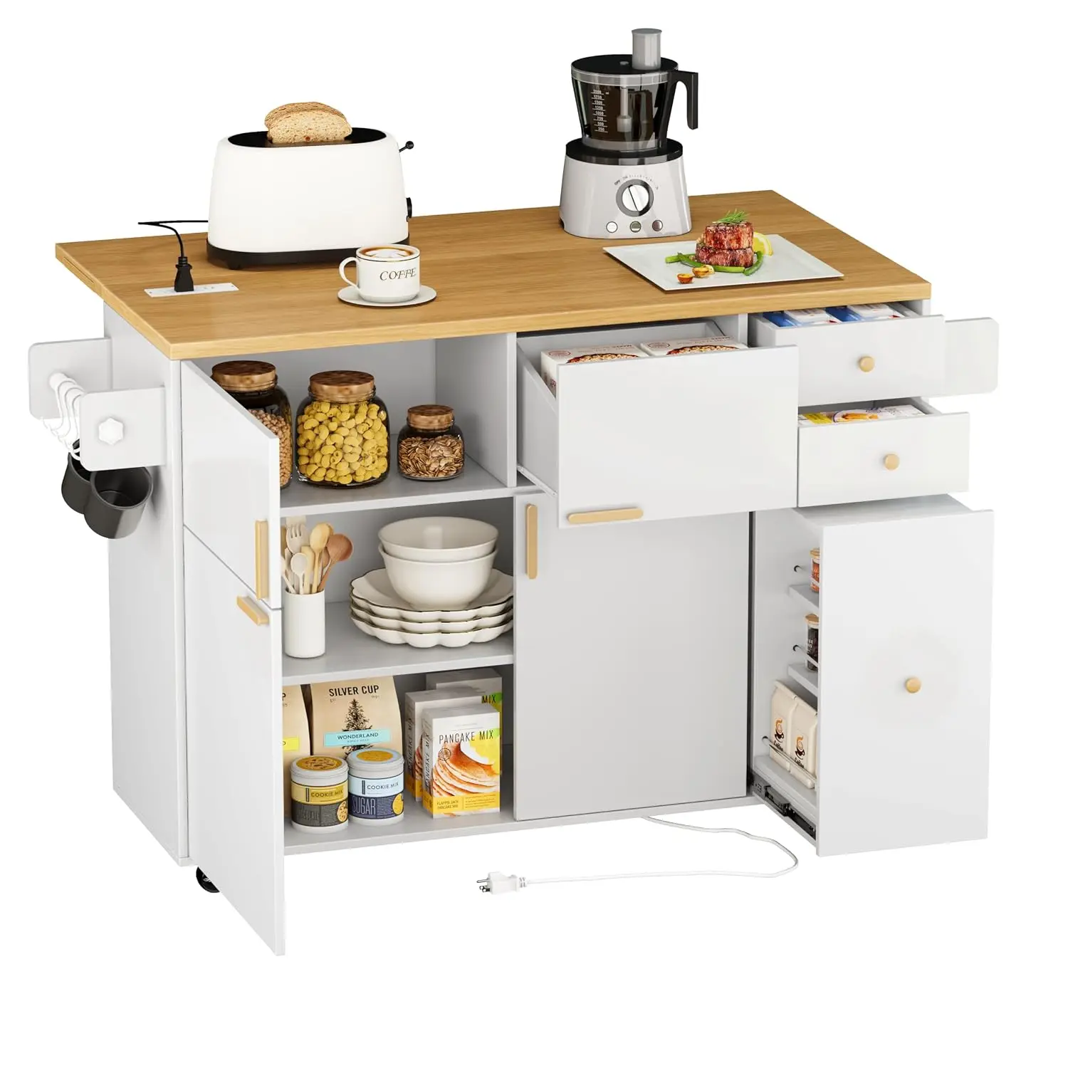 63'' Kitchen Island with Drop Leaf & Power Outlet, Wheels with 3 Drawers & Pull Out Rack, Rolling Carts for Kitchen, Customized