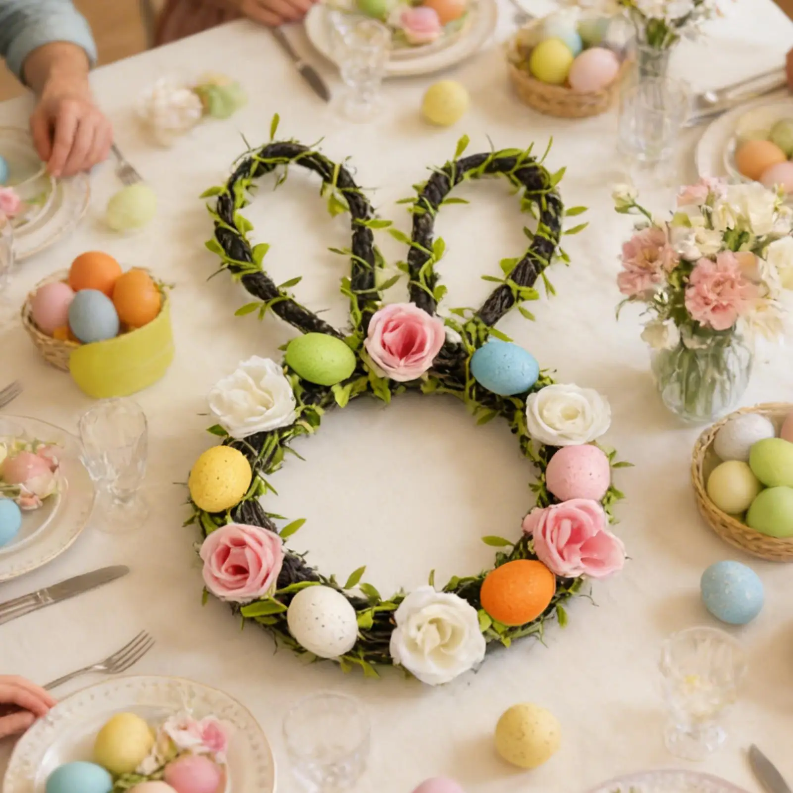 

Весенний венок, искусственный декор для крыльца, пасхальный венок с цветами и ушками кролика для дома, квартиры, улицы и крыльца.