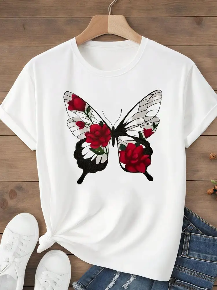 

Lady Stylish Tee Print Fashion Short Sleeve T-shirts Women Shirt Lovely Flower Style Cute O-neck Graphic T Top Female T-Shirt