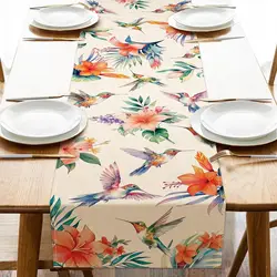 Spring Hummingbird Flower Linen Table Runner Party Decor Reusable Farmhouse Kitchen Dining Table Runner Wedding Decorations