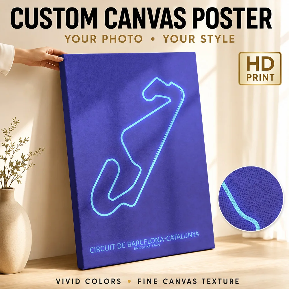 Catalunya Circuit Map Canvas Print Poster Technical Line Style Wall Decor With Customized Photo For Man Cave Ideal Driver Gift