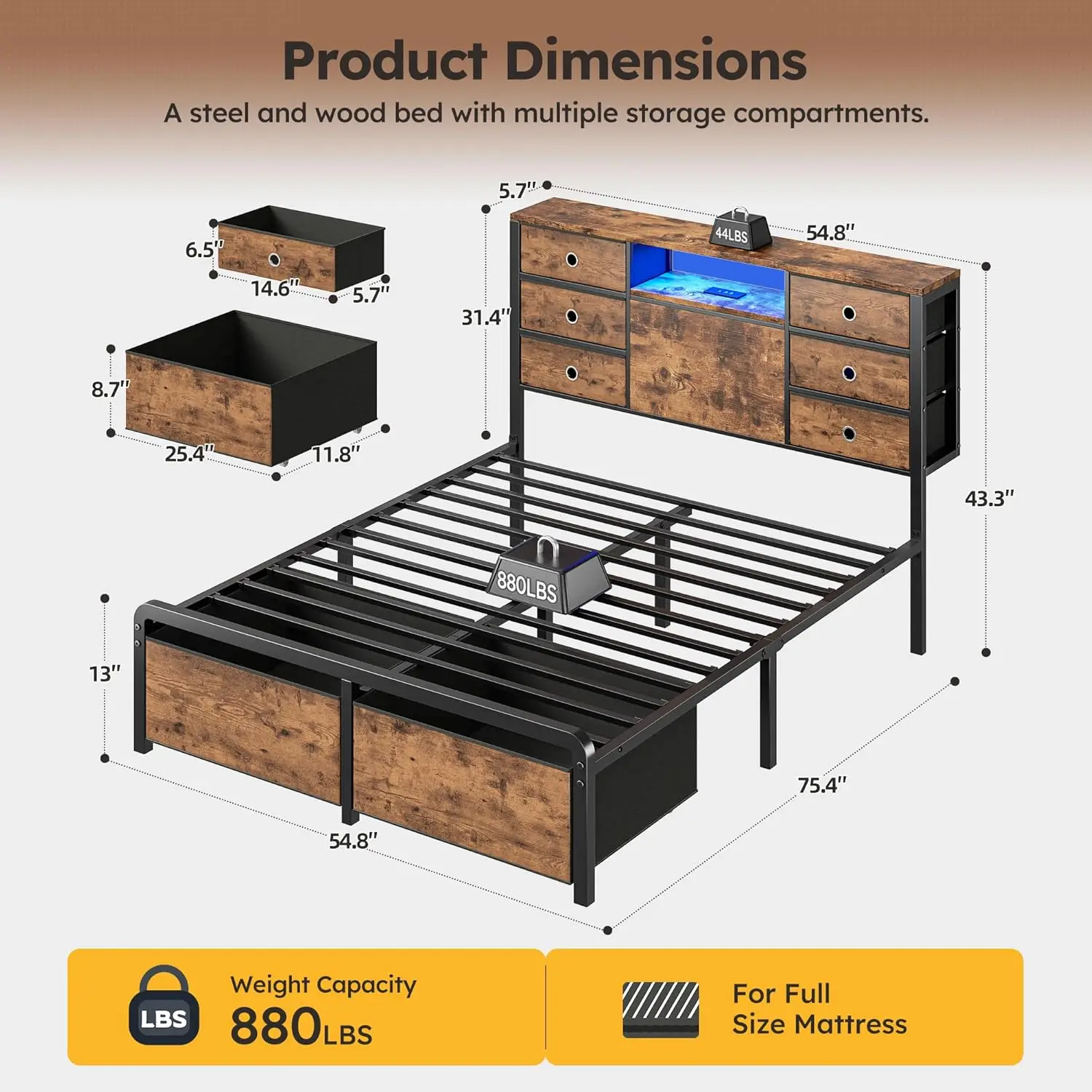 Full Bed Frame with 8 Drawers & Charging Station, Storage Headboard, LED Lights, 880 lbs, Noise-Free, No Box Spring