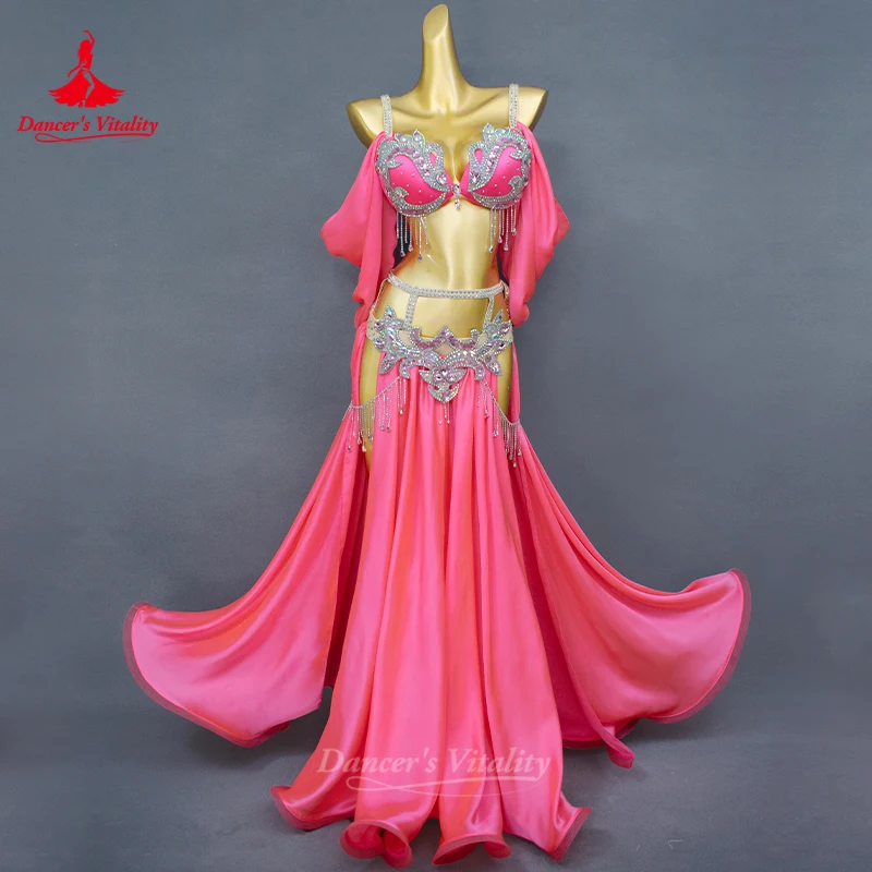 Costumi di danza del ventre vestito da donna personalizzato con nappe di diamanti reggiseno + gonna lunga divisa in raso 2 pezzi costumi da spettacolo di danza orientale