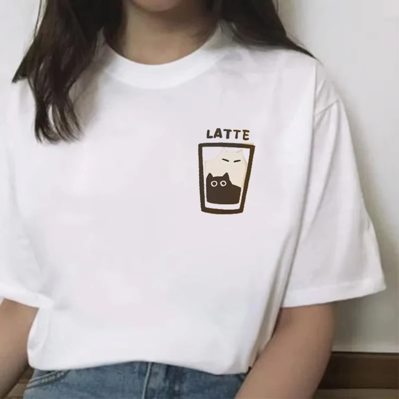 

Summer Cartoon Cat Printed Women T-shirt Fresh Style Short Sleeved Retro Street Versatile Pullover Fashion Unisex Clothes Top