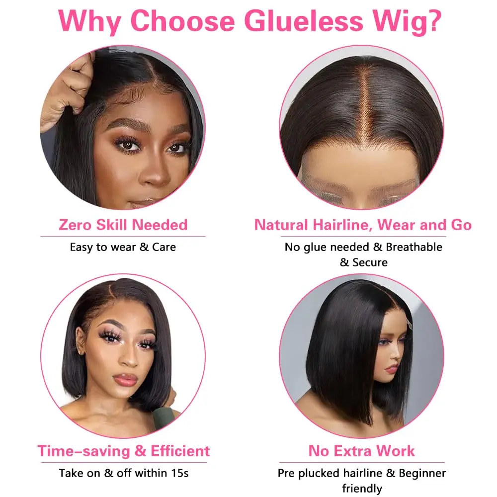 4x4 HD レース グルーレスウィッグ 人毛 事前摘み取り済み プレカット ボブウィッグ 人毛 グルーレスウィッグ 人毛 180% 密度 ショート ストレート