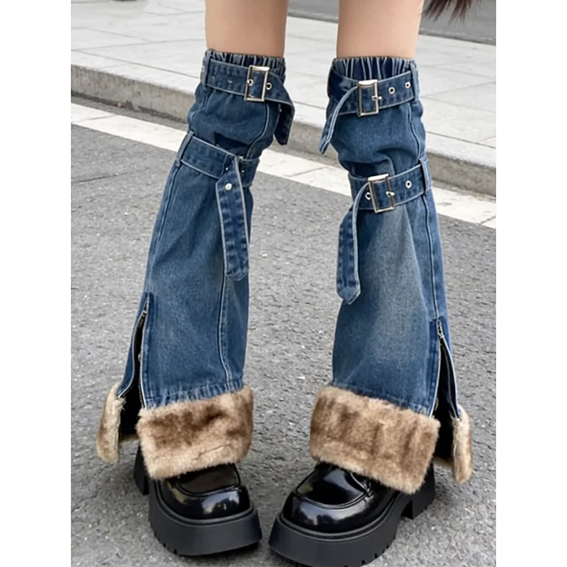 PBAP Belted Denim Leg Warmers Winter Patchwork Faux Fur Do Old Zipper Split Knee Long Jeans Boot Cover Vintage Women Streetwear