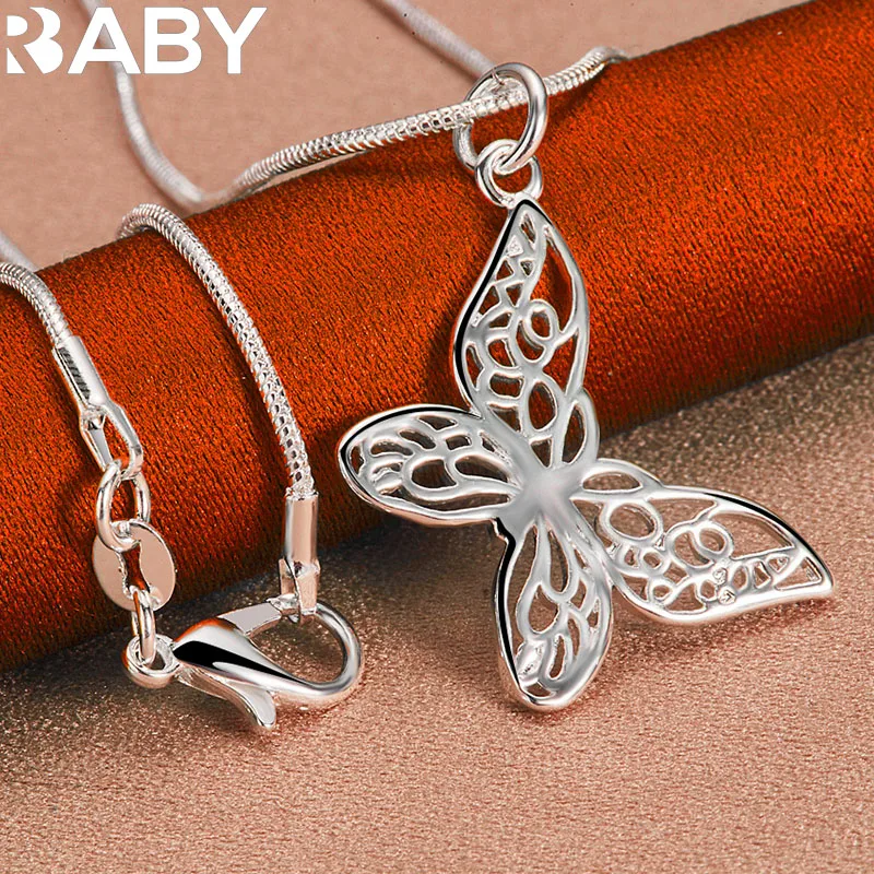 

URBABY 925 Sterling Silver With 16-30 inch Snake Chain Butterfly Pendant Necklace For Women Wedding Party Gifts Charms Jewelry