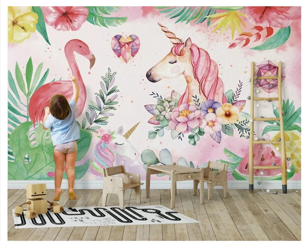 Customize mural Modern flamingo flower Wall Painting Nordic wallpaper Living room TV background wall bedroom restaurant unicorn