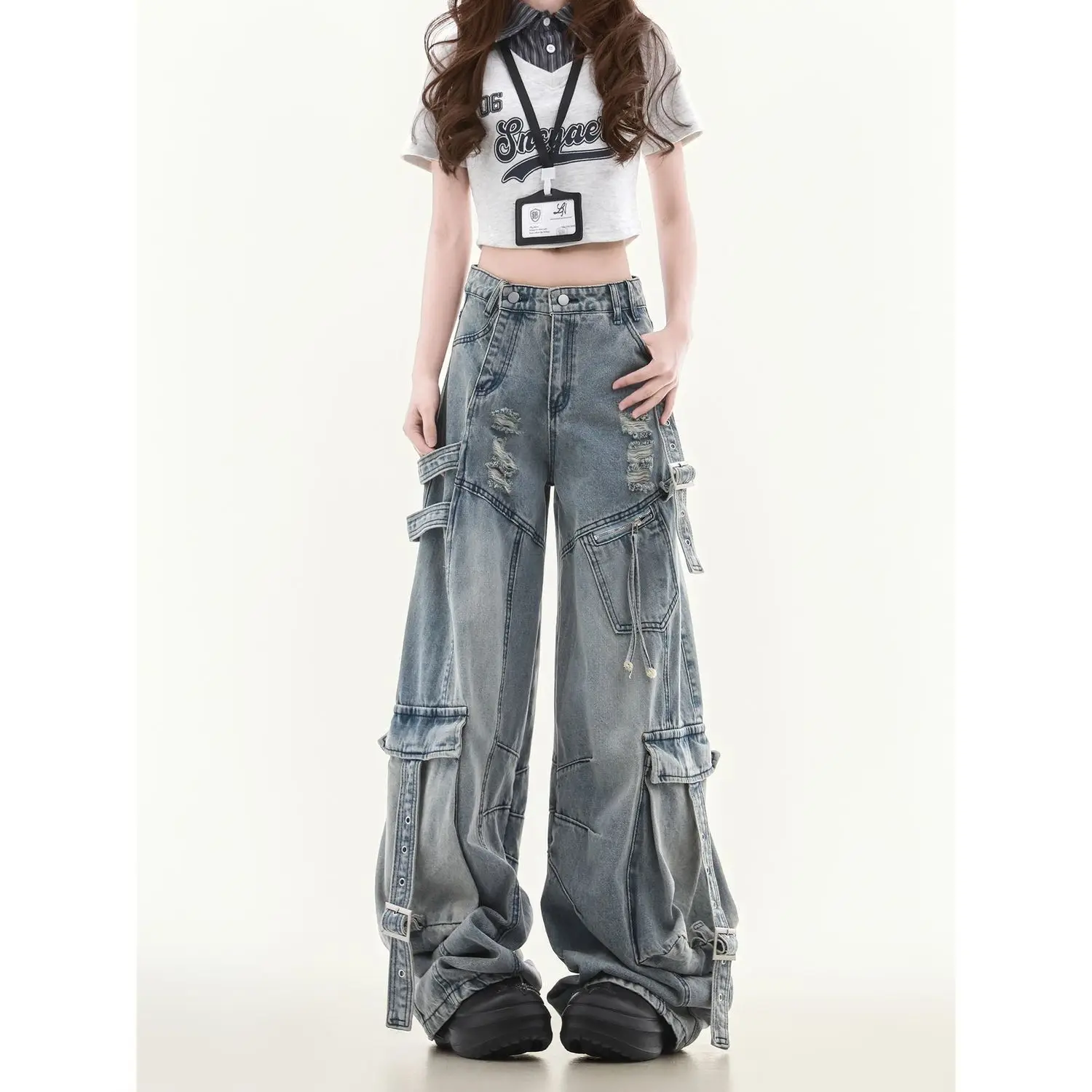 

2025 Autumn New Pants Pocket Jeans Loose Straight Tube Piercing Design Fashionable and Versatile Wide Leg Pants