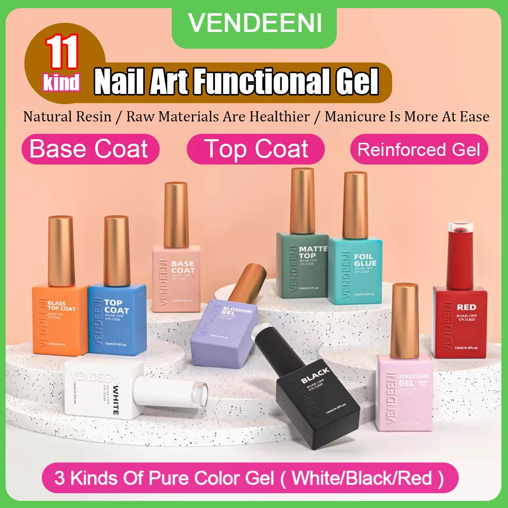 

Vendeeni 15ml Nail Function Gel Nail Polish Semi Permanent Base Top Coat Black White Red Color Gel Nail Soak Off Gel Varnish