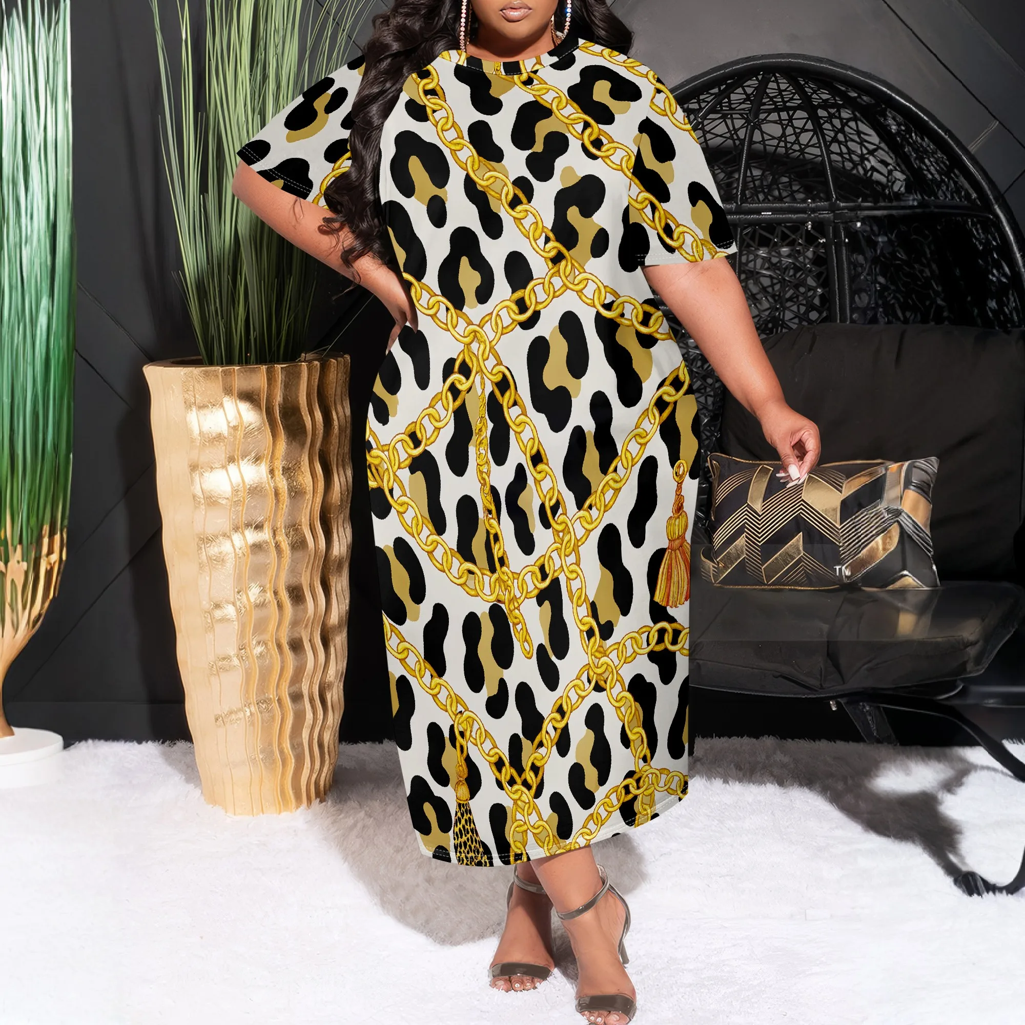 

Plus Size Women's Casual Midi T-Shirt Dress Leopard Print Short Sleeve Loose Summer Dress with Pockets XL-6XL