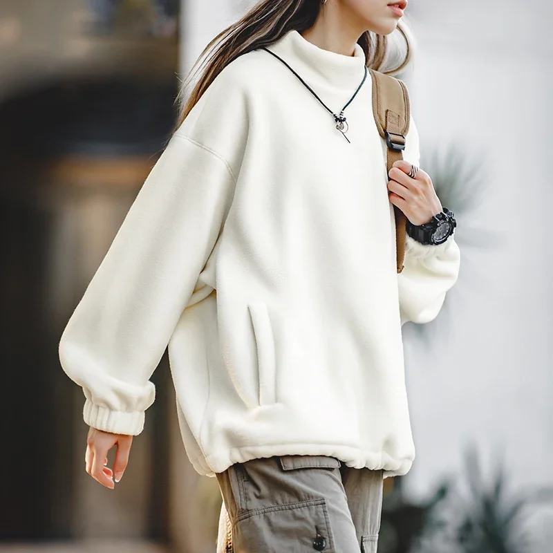 Maden Standing Collar Fleece Sweatshirt for Women Oversize Loose Warm Pullover Autumn and Winter Thick Sweater Basic Sweatshirt