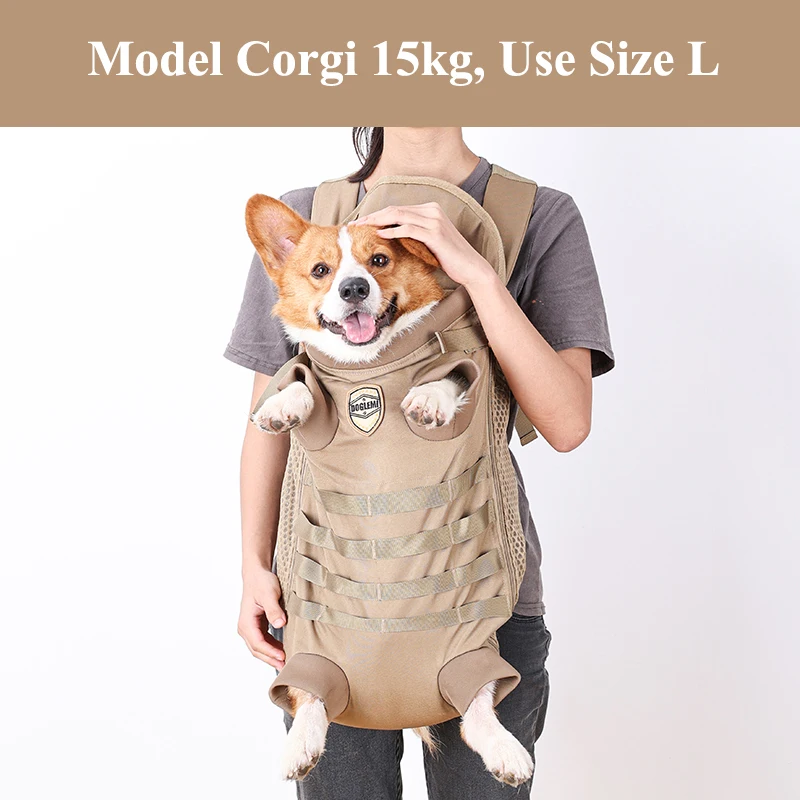 Backpack for Small Medium Dogs Hands Free Tactical Outdoor Pet Frontpack Soft Breathable Safety Travel Dog Carrier Military Tan