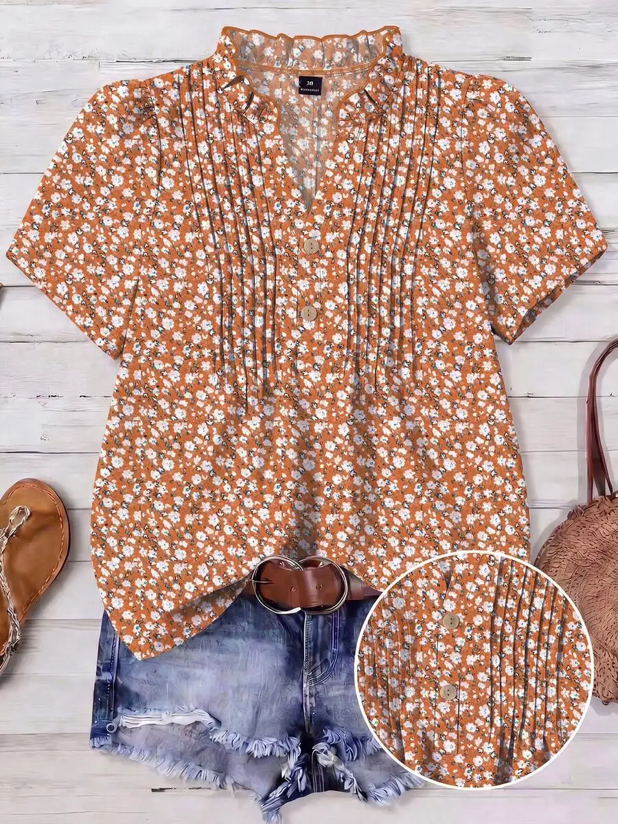 

Womens Plus Size Notched Neck Floral Print Blouse With Petal Half Sleeves And Ruffles Boho Summer Top