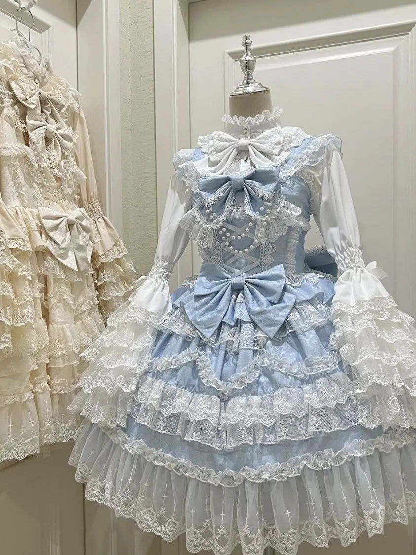 Original Lolita Wedding Dress Skirt Set Sweet JSK Princess Dress Ensemble for Girls in Stock Versatile V-Neckline Dollhouse S...