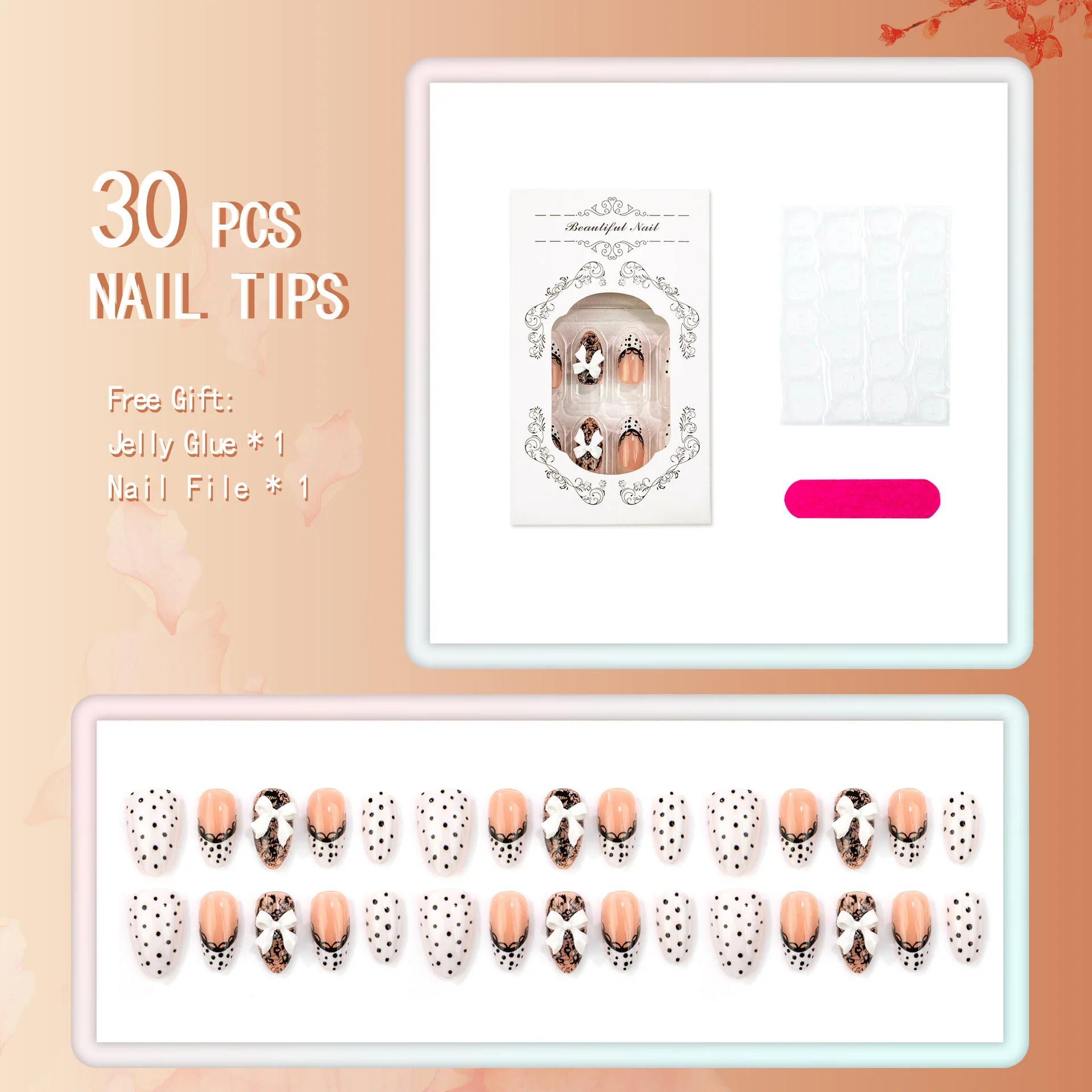 30 Stück Schwarz-Weiße Wellenförmige French Press-on Nägel mit Perlen-Polka-Dots und Süßer Mädchen-Schleife, Kurze Mandel-Kunstnägel für Frauen – Detail 5
