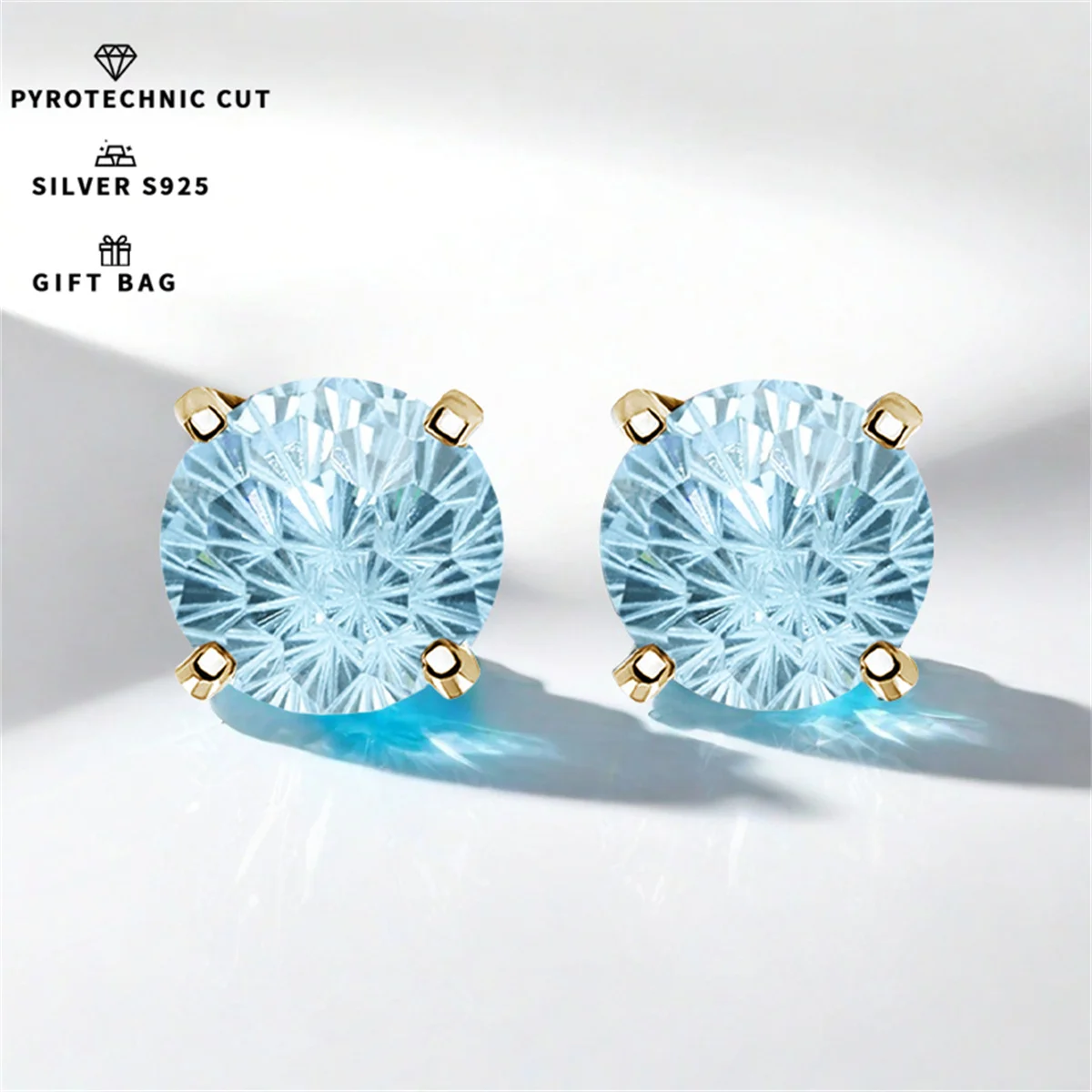 S925 sterling silver ice blue Pyrotechnic cut Synthetic Cubic Zirconia High-quality Fashion four stud earrings Shiny Simple