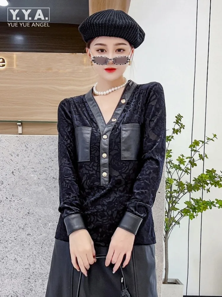 

Fashion Females Autumn Black New Style Velvet Shirt Long Sleeve V-Neck Single Breasted Work Lady Casual Chic Soft Tops Hot Sale