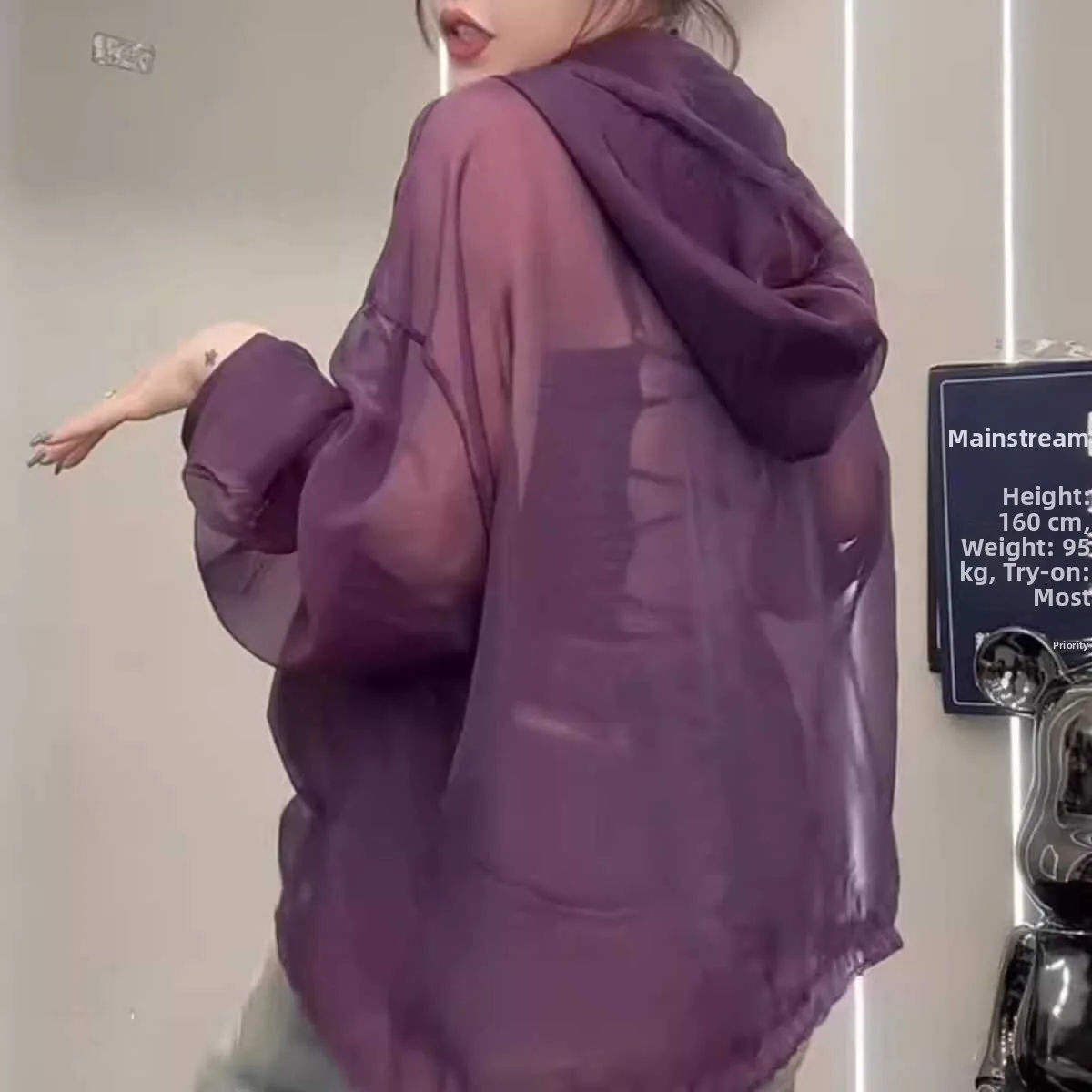 plus Size European Style See through Slimming Hooded UV Protection Sunscreen Clothes Long Sleeve Purple Versatile Top for Women