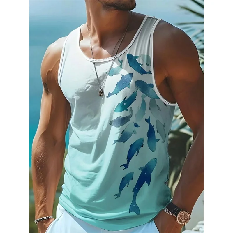 

3D Printed Coconut Trees Tank Tops For Man Gradient Sea Fish Pattern Tees Summer Casual Vest Oversized Sports Street Tank Top