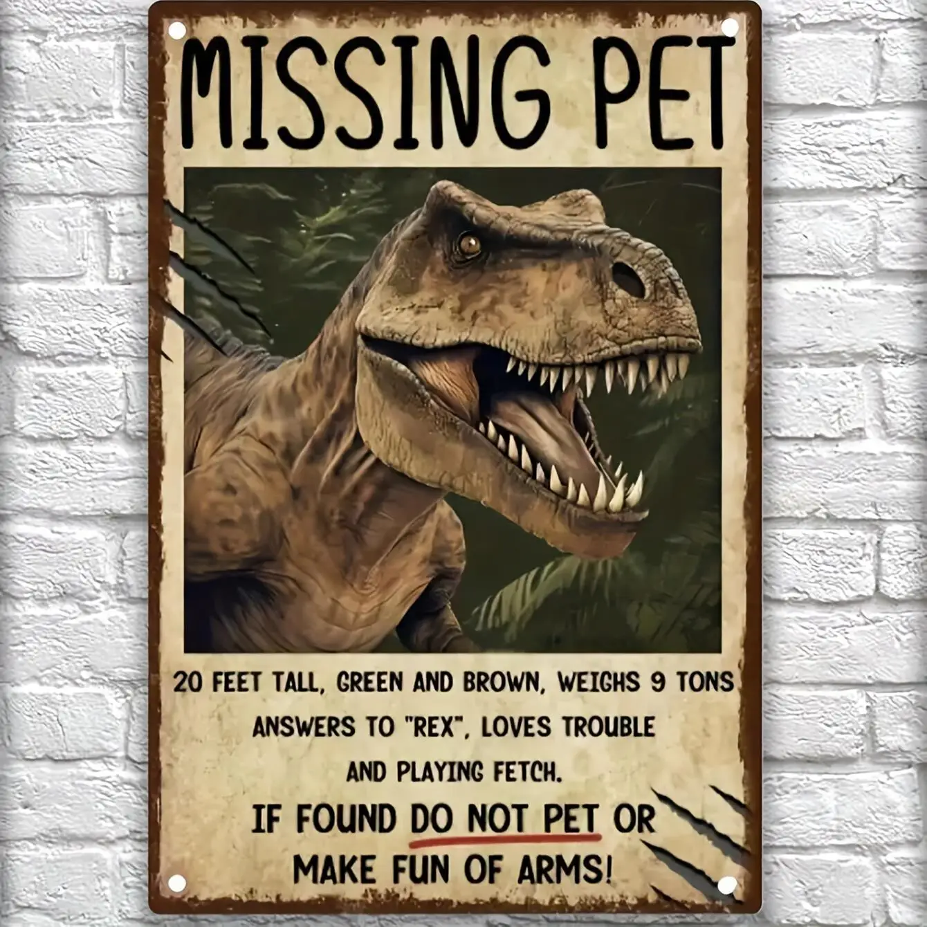 CIFBUY Missing Pet Dinosaur Funny Metal Sign 30x20 cm | Retro Vintage Outdoor Garden Pub Home Decor,Prehistoric Dino Room Wall