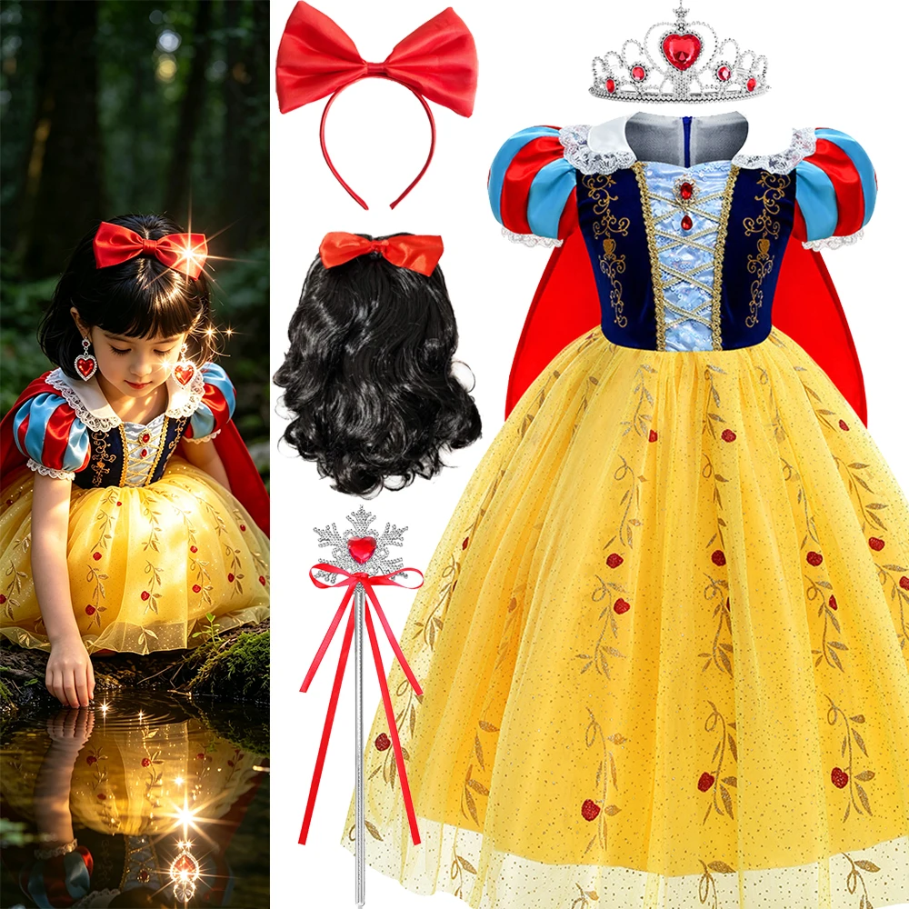 Schneewittchen-Kleid für Mädchen mit schwarzer Perücke und roter Schleife, Kinder-Bühnenkostüm, Halloween-Cosplay-Kostüm, Geschenk – Detail 2