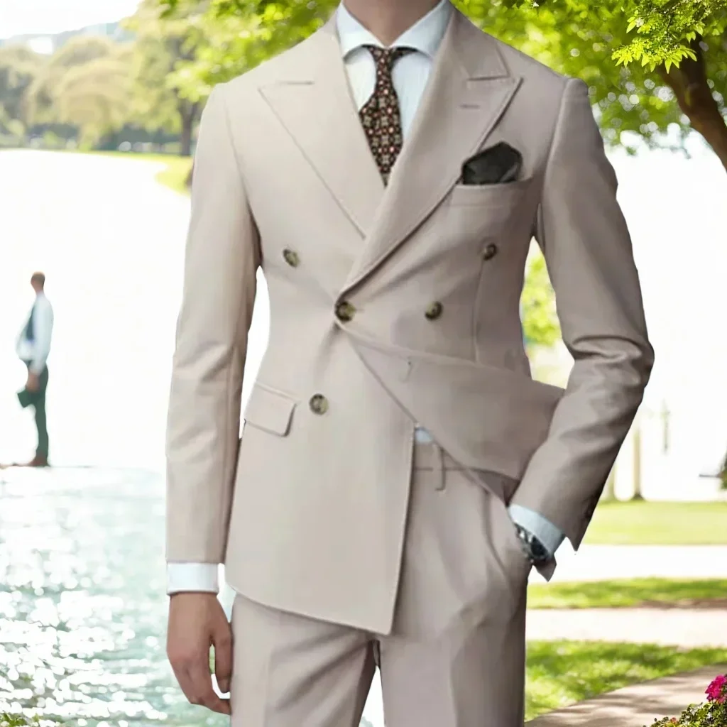 

Classic Men's 2-Piece Suit Set Luxury Double-Breasted Blazer And Pant Slim Fit Formal Wedding Groom Business Dress