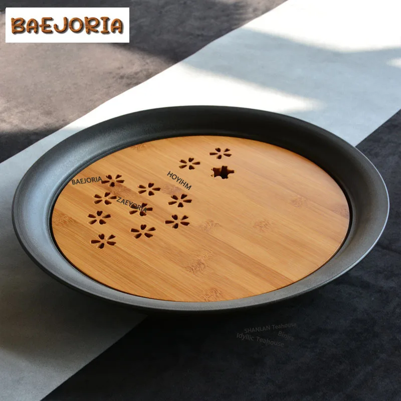 BAEJORIA 900ML Japanese Bamboo Cover Black Pottery Pot Bearing Holder Plum Blossom Water Storage Tea Tray Circular Dry Table