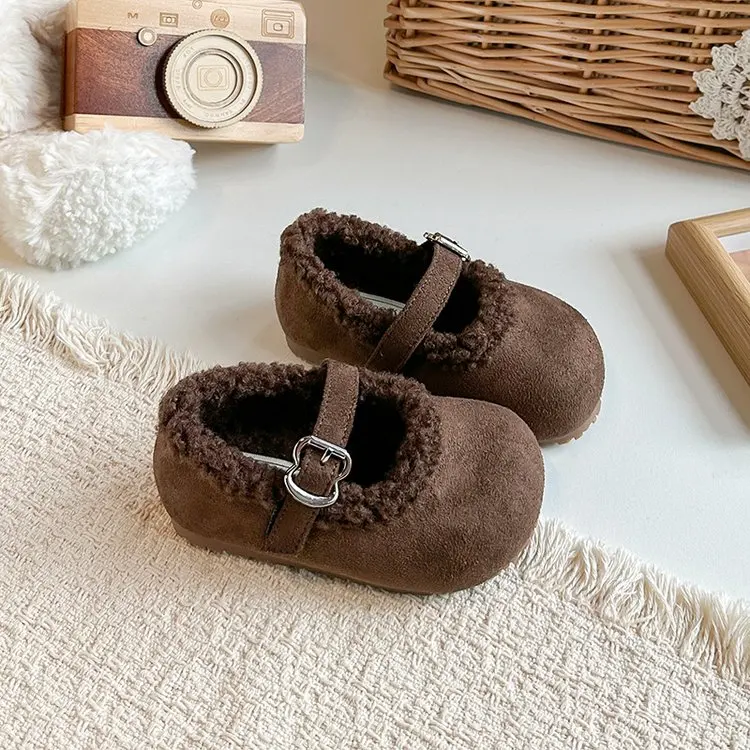 Super Cozy Furry mary jane shoes for Kids Girls New Brand Designer Metal Buckle Children Cotton-Padded Winter Shoes Kids