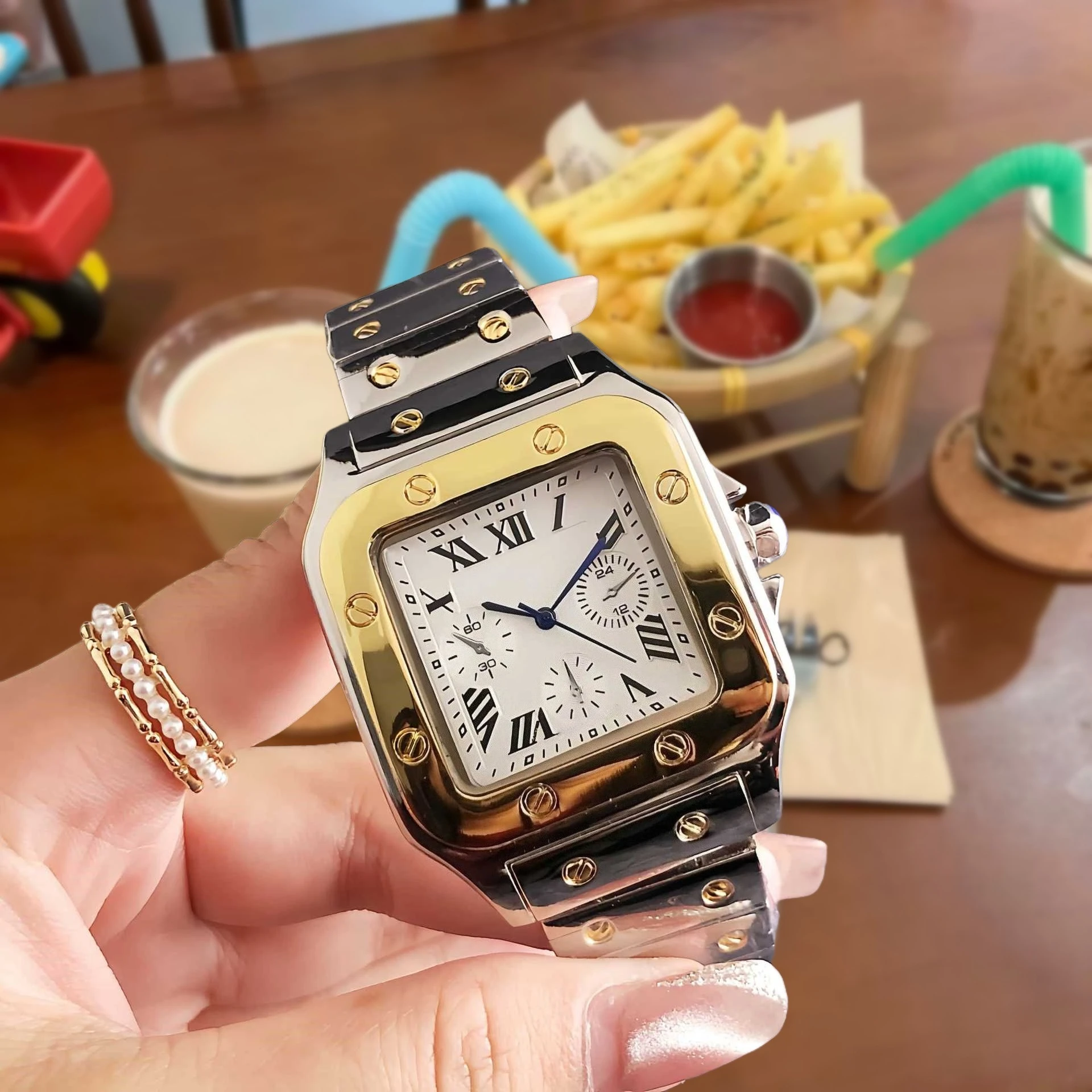 

Luxury Original Mens Watch Square Dial Stainless Steel Strap Triple Subdial Sports Chronograph Versatile High Quality