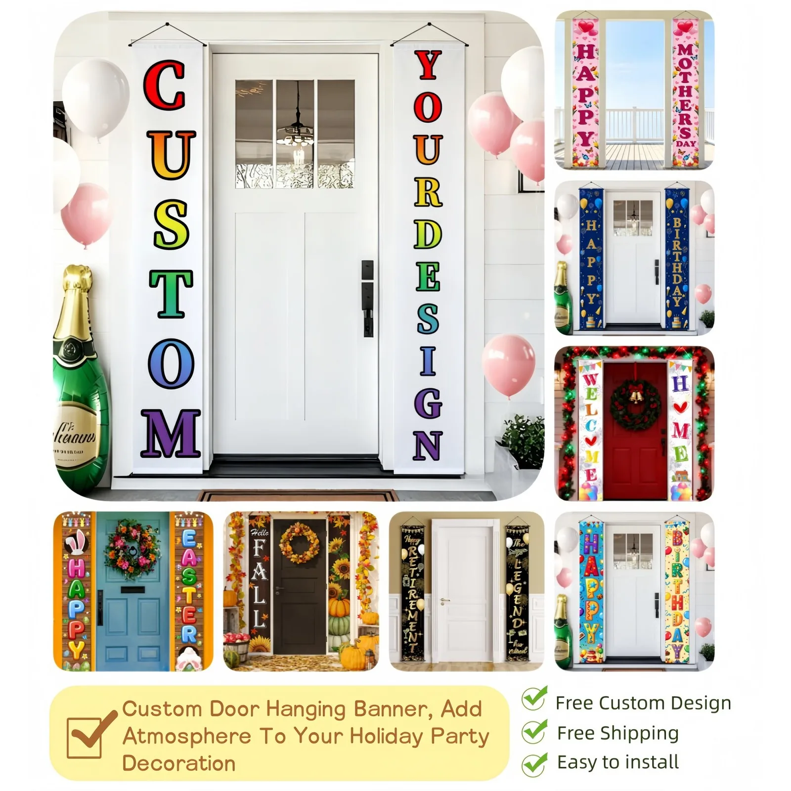 

Custom Door Hanging Banners Personalized Holiday & Party Porch Signs Reusable