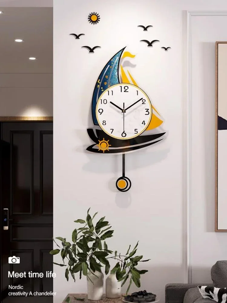 Nordic Sailboat Wall Clock for Living Room, 3D Swing Watch, Home Decoration, Light Luxury Horologe