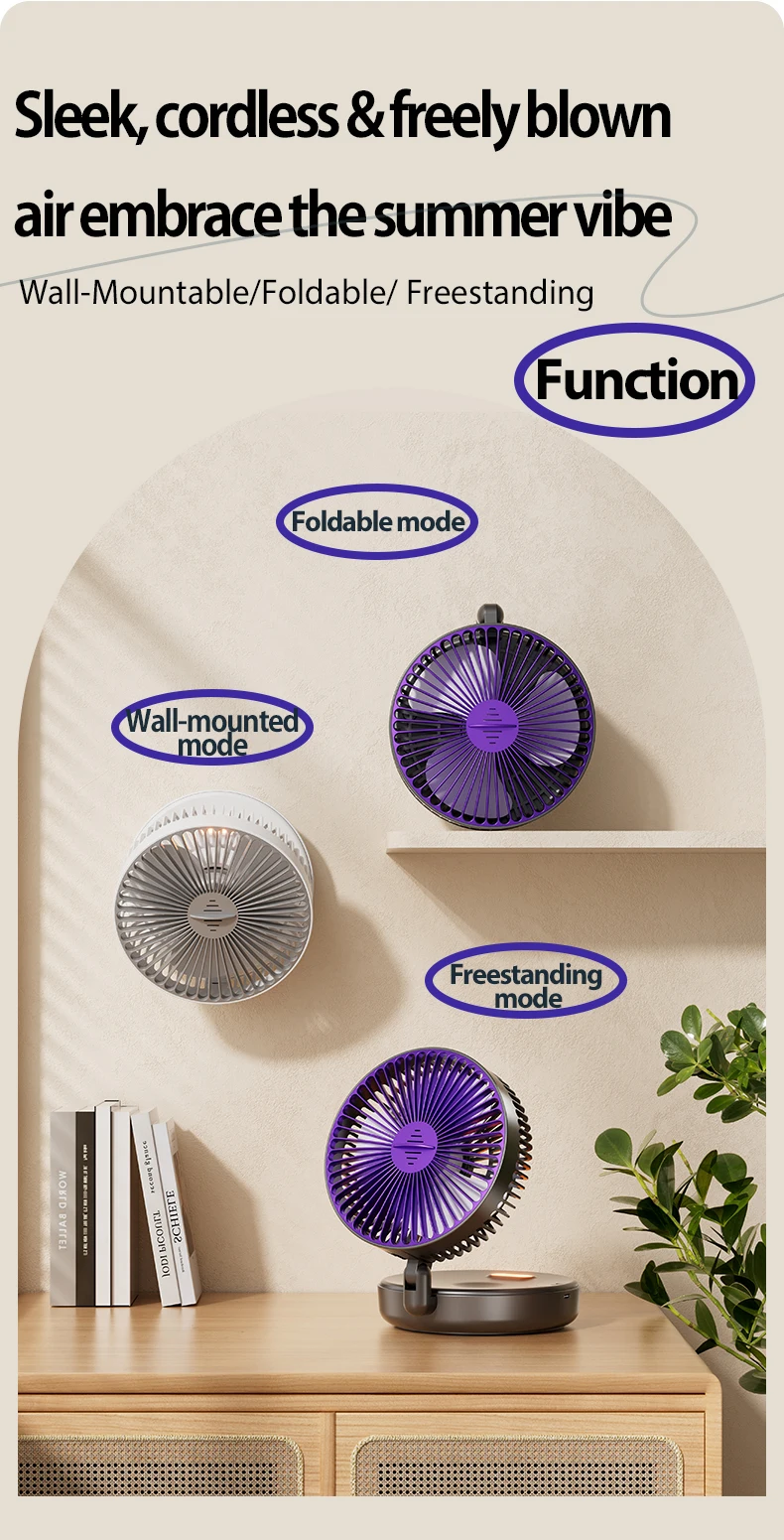 1 x wiederaufladbarer 3-in-1-Multifunktions-Desktop-Lüfter, 90 ° Faltbarer, wandmontierter Ventilator, 4-stufige Geschwindigkeiten, mit warmem Nachtlicht – Detail 2