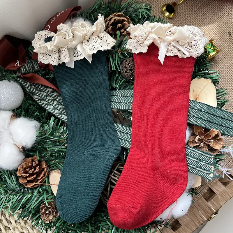 New Winter Autumn Baby Girls Knee High Socks Lace Ruffle Long Sock Cotton Kids Toddlers Princess Christma Socken For 0-5Years