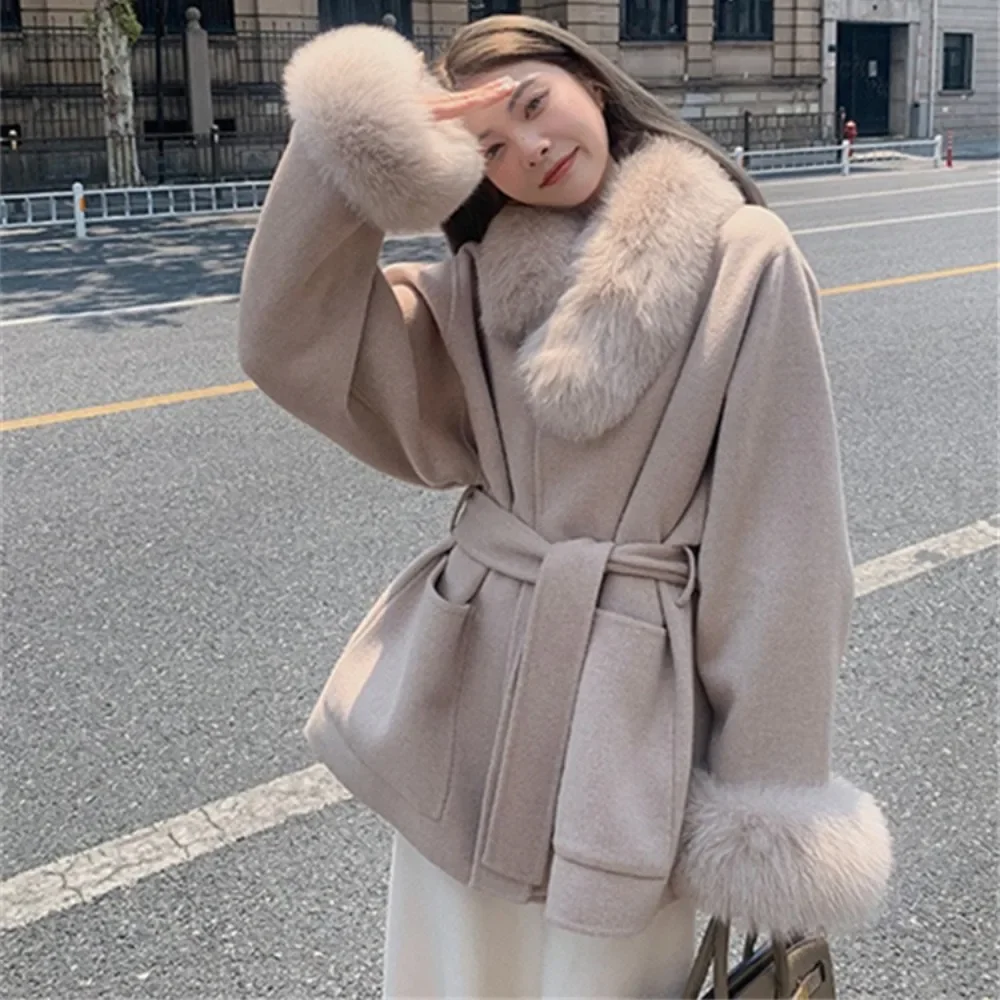 Woolen Coat with Belt Women 2024 Korean Fashion Winter Solid Fox Fur Collar Thick Warm Long Ladies Lace Up Wool Coat Outwear