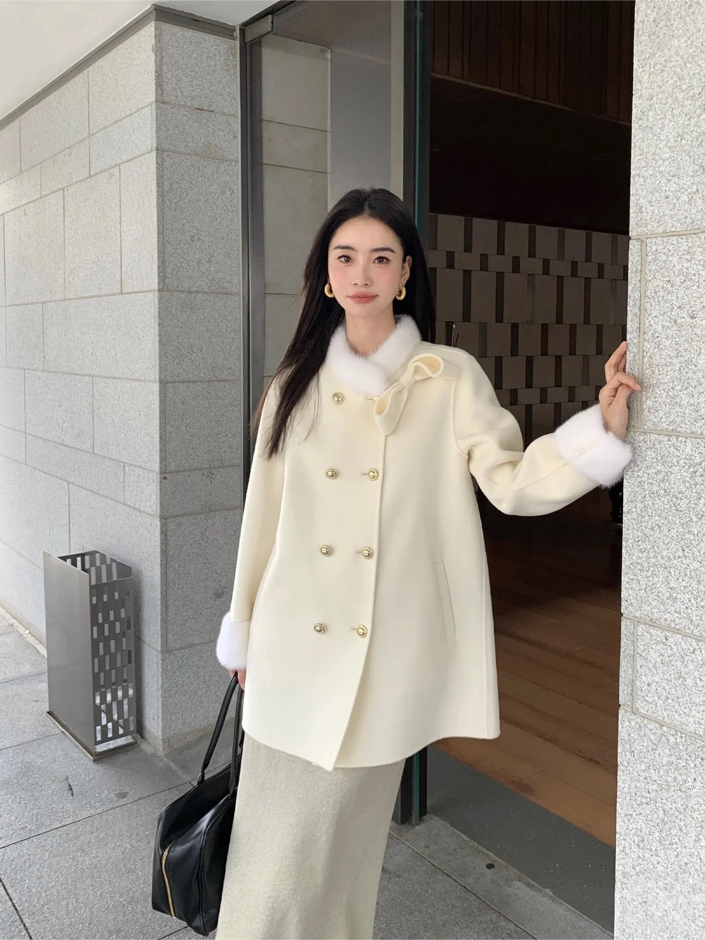 Double-Sided 100% Wool Coat for Women Customized Metal Belt Luxury Mink Double Row Button Women's High Quality Long Coats