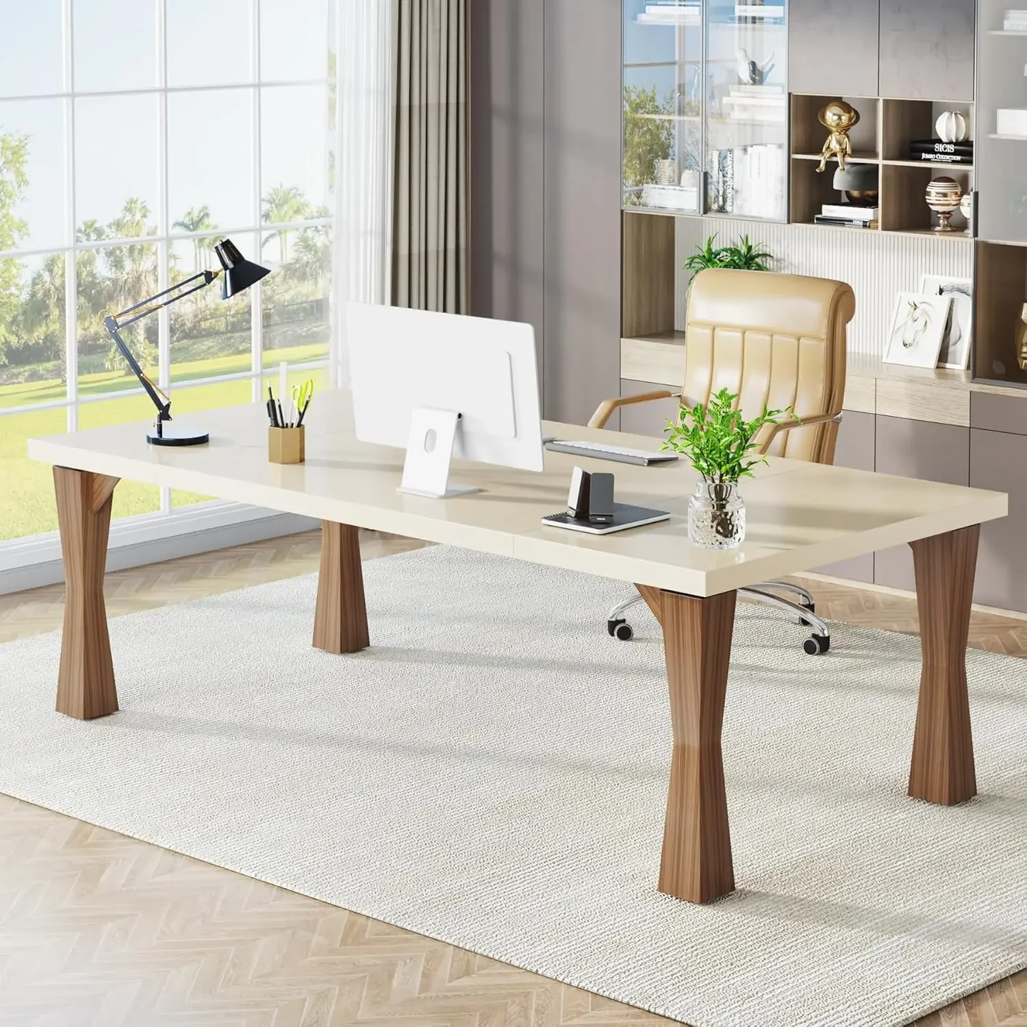 Modern Computer Desk Conference Table Meeting Room Table, Business Furniture for Home Office, Cream White and Walnut