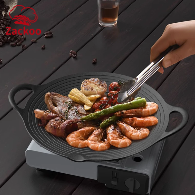 Zackoo 30cm Cast Iron Grill Pan Korean Roastig Grill Plate Household Outdoor Travel Camping Frying BBQ Tray Non-stick Bakeware