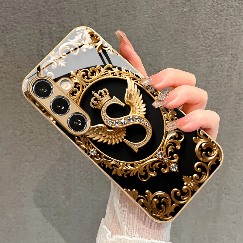 Golden Crown Wings Letter S Glass Phone Case Suitable for Samsung Galaxy S26 S25 S24 S22 S21 S20 FE/Ultra/Plus Anti Drop