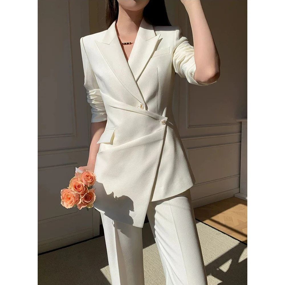 بدلة عمل نسائية مكونة من قطعتين باللون الأزرق الداكن، سترة بزر واحد، ملابس عمل مكتبية غير رسمية، مجموعة ملابس أنيقة مخصصة #2