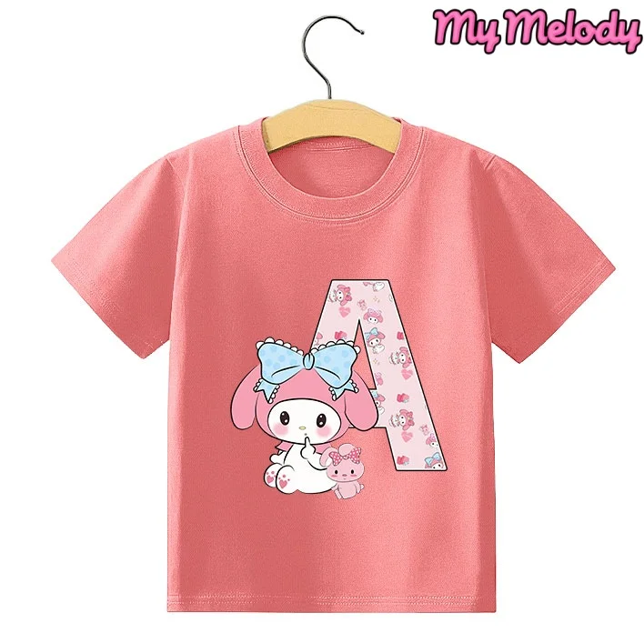 

Sanrio Children Short Sleeve T-shirt Melody 26 Letter Print Pullover Girls Summer Casual Breathable Tops Kawaii Clothing Gifts
