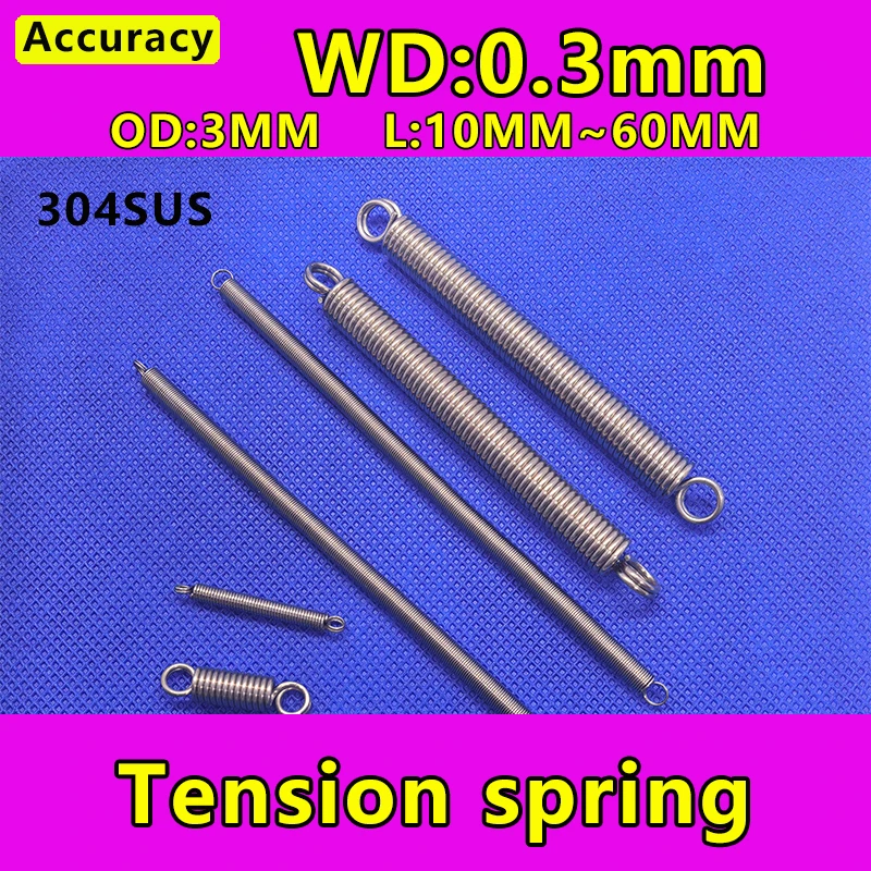 304 Stainless Steel Tension Spring 0.3*3mm Wire Diameter S Hook Round Hook Coil Pullback Extension Tension Metal Spring Wire