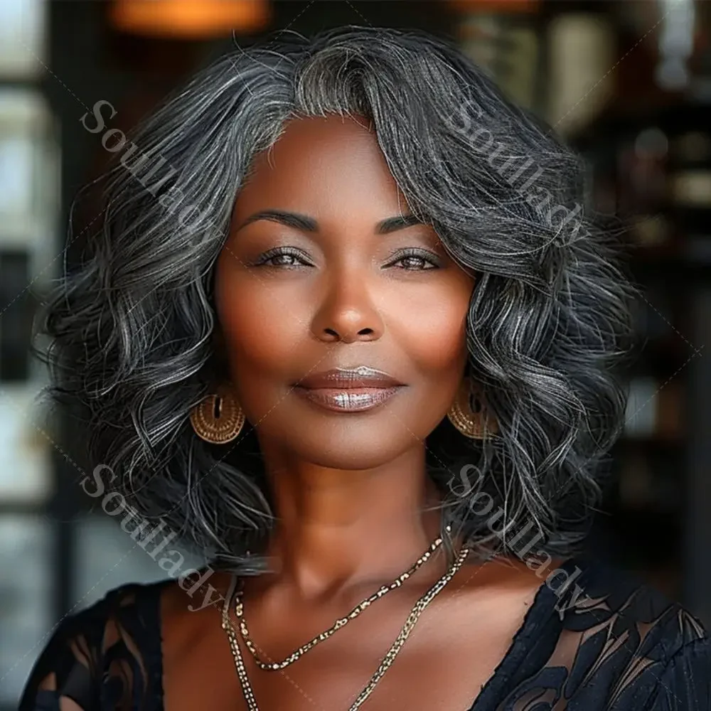 

US DOMESTIC SHIPPING | Dark Salt And Pepper Body Wave Human Hair Wigs Colored Short Bob 4x4 Lace Closure Wig For Mature Women