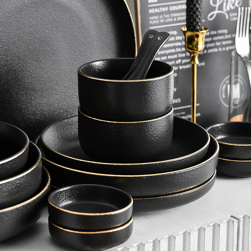 Black Matte Gold Edge Dinner Plates Set Tableware Dishes Plates for Food Plate Sets Dinnerware Charger Full Kitchen Dining Bar