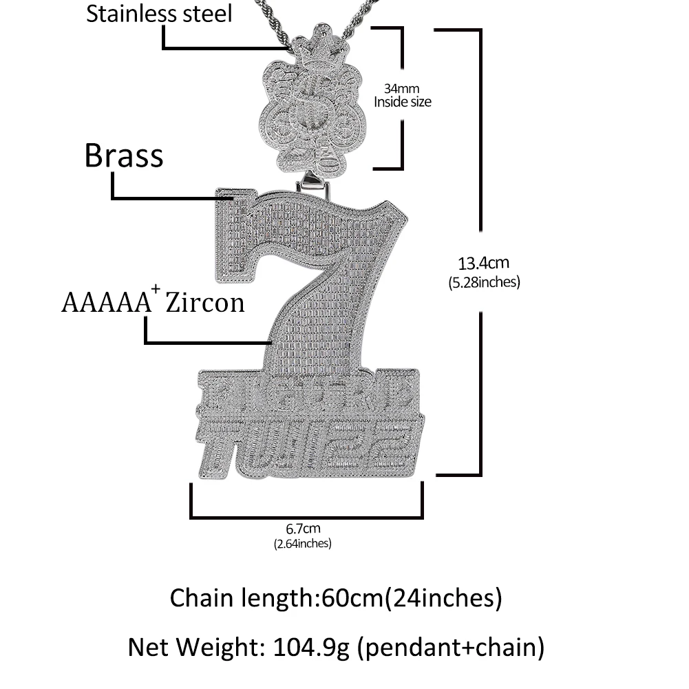 UWIN  Iced Big 7 Pendant Necklaces for Men Hollow Backside Cubic Zirconia Charms Hip Hop Necklace Jewelry for Gift