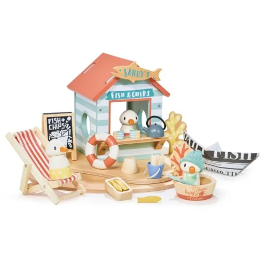 

Beach play set: wooden seagull family with fish and chips, beach hut accessories, for imaginative storytelling and fine motor s