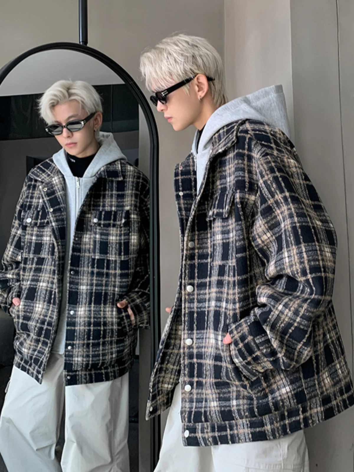 

Trendy American Retro Men's Woolen Coat with Hood Vibe Design Sensation Jaet Loose Fit Polyester Fiber Autumn Outerwear