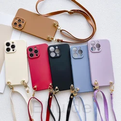 Leather Lanyard Case for Samsung Galaxy S24 S23 Ultra S22 S21 Plus S20 FE Note 20 A54 A14 Crossbody Strap Liquid Silicone Cover